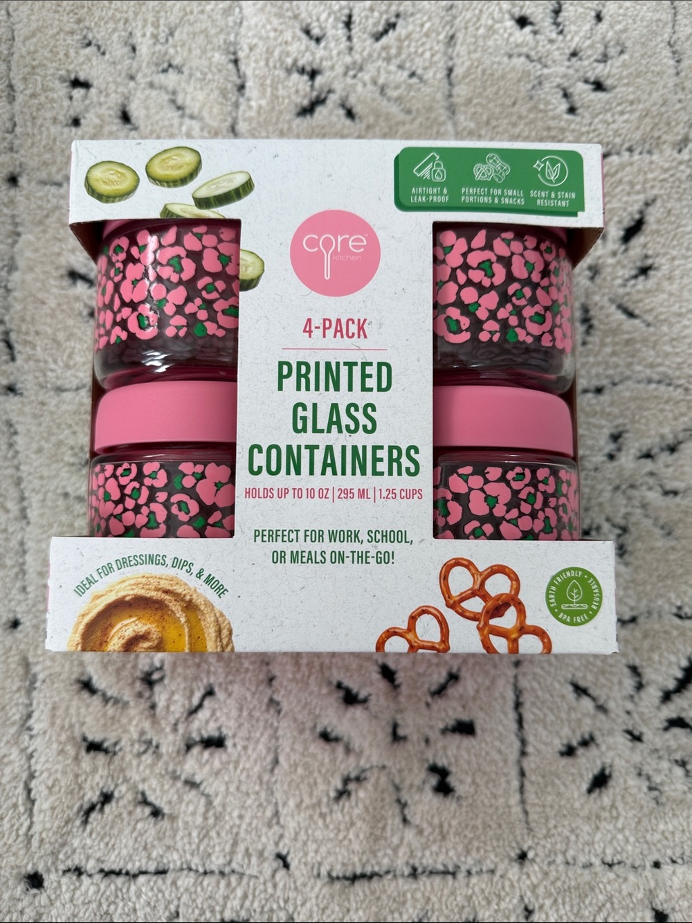 Core Home 4-Pack Pink Printed Glass Containers